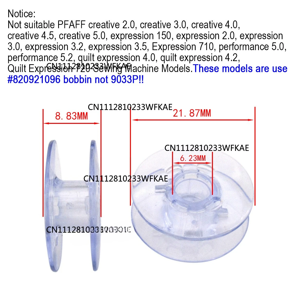 9033P BOBBINS Plastic Compatible with/Replacement for PFAFF Brand 1469 1471 1472 1473 1475 1475CD 1520 Select 3.0 1069 6250 6270