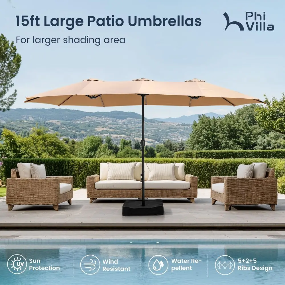 

15ft Large Patio Umbrellas with Base Included, Outdoor DoubleSided Rectangle Big Market Umbrella with Stand, Outside Umbrellas
