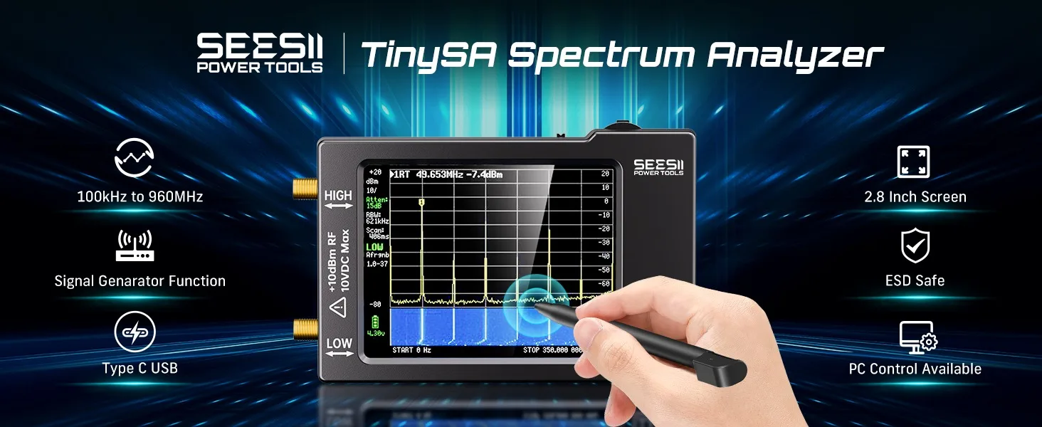 Tragbarer TinySA-Spektrumanalysator, verbesserter V0.3.1 Winziger Frequenzanalysator, 100 kHz bis 960 MHz, MF/HF/VHF-UHF-Eingangssignalgenerator – Detail 1