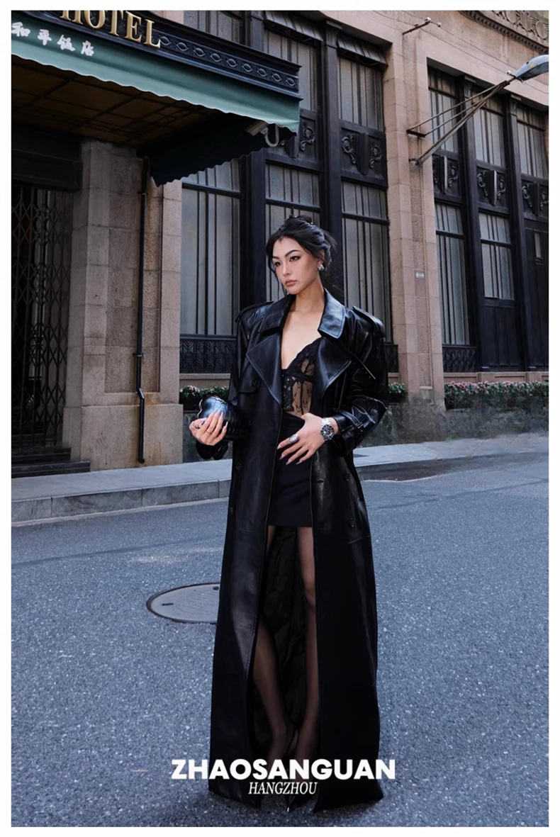 Lautaro Spring Autumn Cool Extra Long Black Loose Pu Leather Trench Coat for Women with Shoulder Pads Belt European Fashion 2024