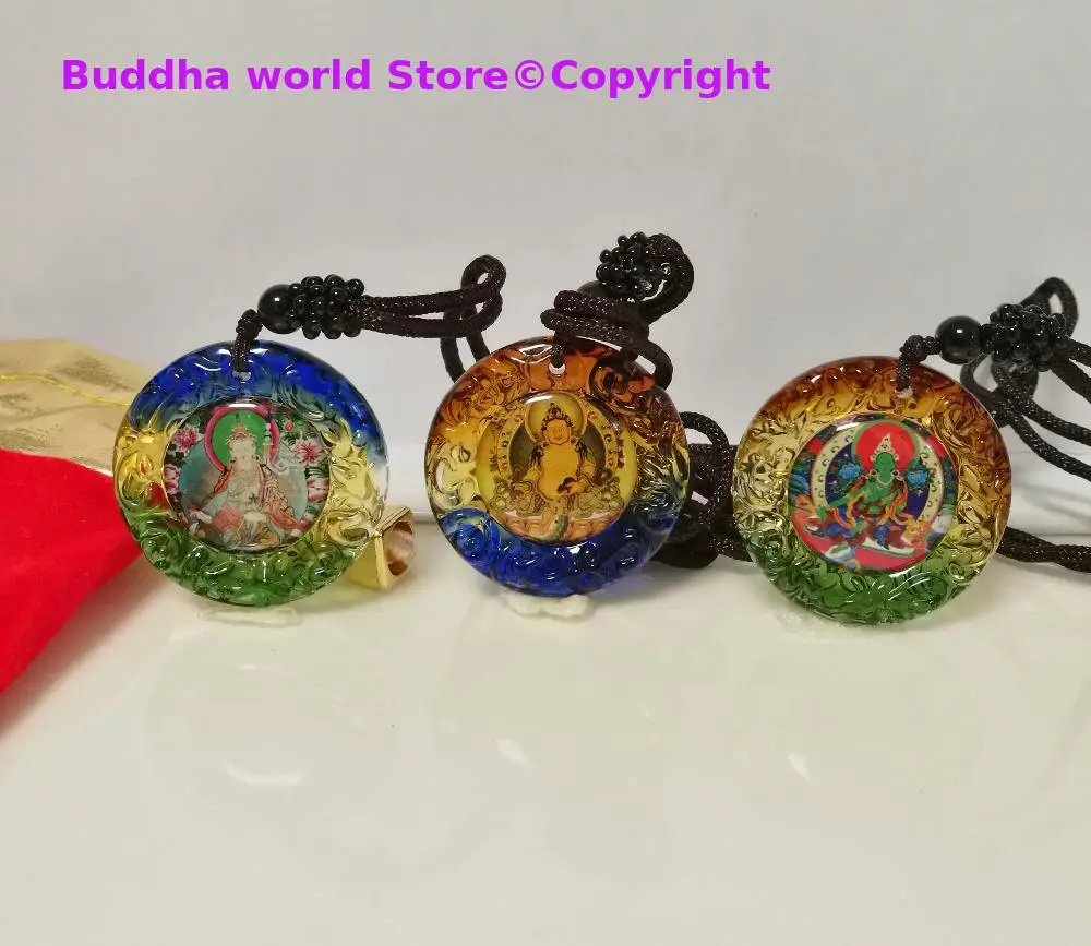 2025 -Buddhist pocket travel efficacious Amulet Green Tara Yellow Jambhala Guru Padmasambhava Buddha Crystal Pendant Amulet