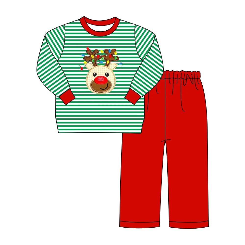 Boys and girls cute green striped Christmas print long sleeve red pants suit siblings clothing boutique wholesale