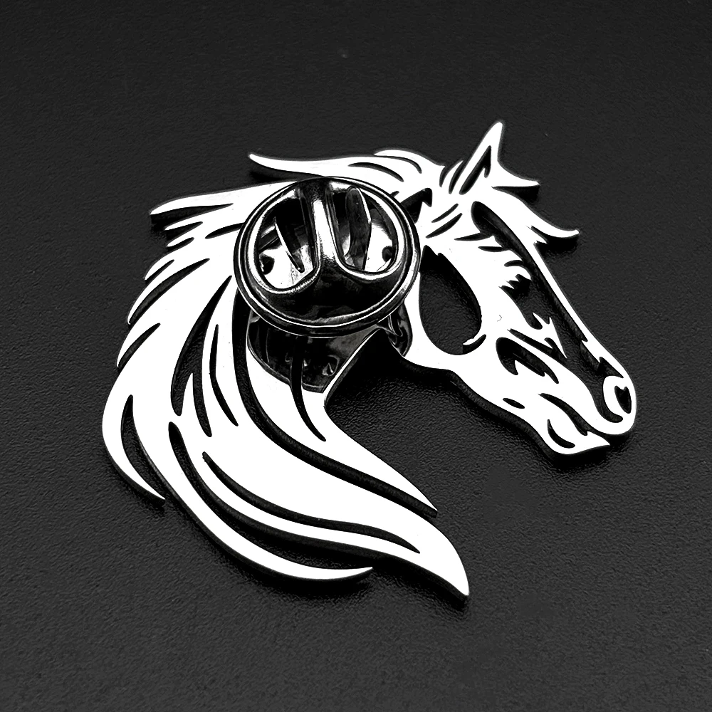 Original Design Horse Head Brooch Hollow Stainless Steel Gold Color Suit Lapel Pin Men Male Formal Dress Jewelry Accessories ﻿