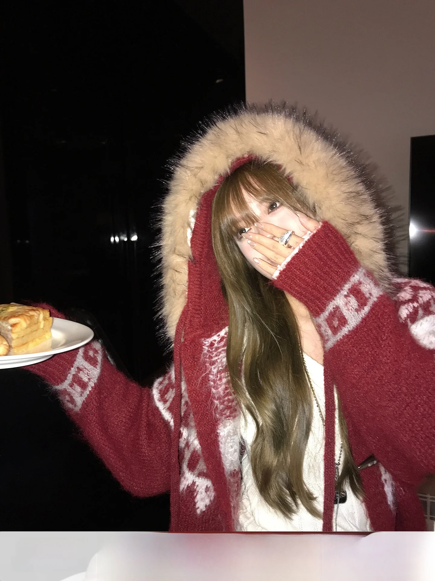 

Вязаный свитер Cisas Theme Fair Isle с меховым воротником, свободный повседневный женский худи-пальто с длинными рукавами, эксклюзивно онлайн