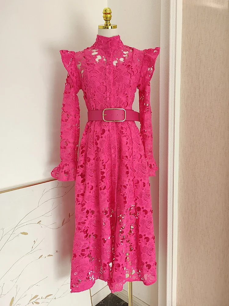 New In French Style Vintage Lace Embroidery Long Dress with Belt Two-piece Butterfly Sleeve Midi Dress Elegant Going Out Wearing