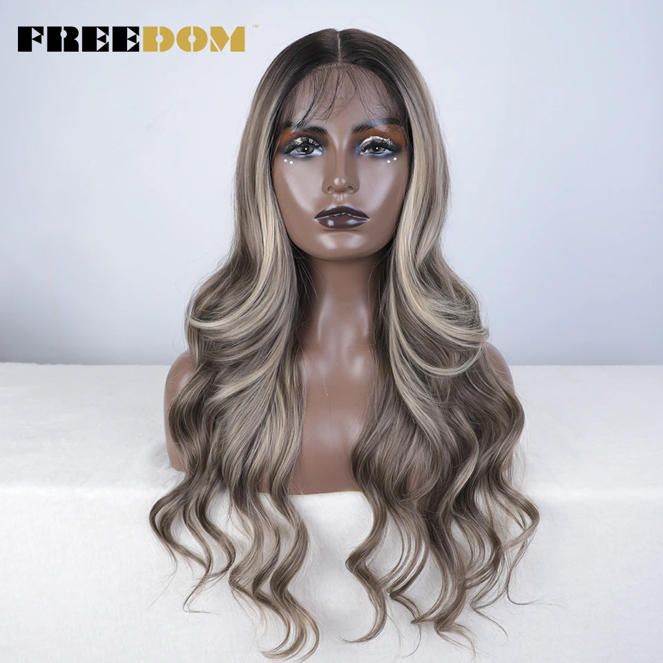 FREEDOM Synthetische Lace-Front-Perücken für Damen, 26 Zoll, Highlight Honey Brown, gewellte Perücke, Ombre-Blond, Lace-Perücke, synthetische Cosplay-Perücke – Detail 19