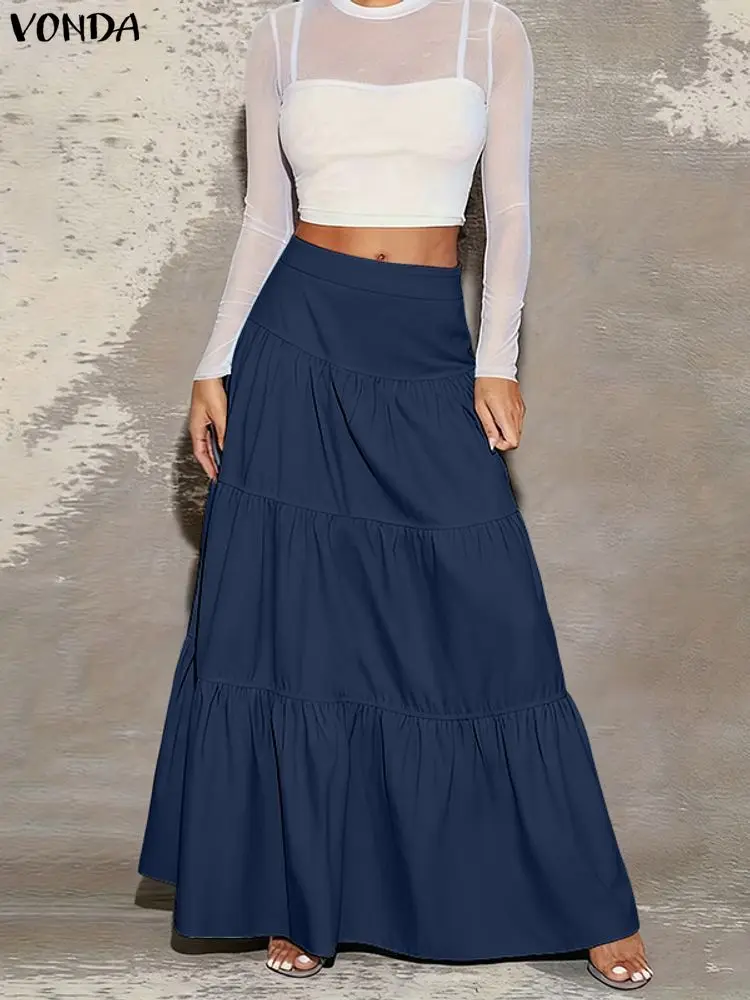 プラスサイズ 5XL VONDA エレガントなマキシスカート女性弾性ウエストジュープスファルダスサイアファッションカジュアルフリルロングスカートオーバースカート