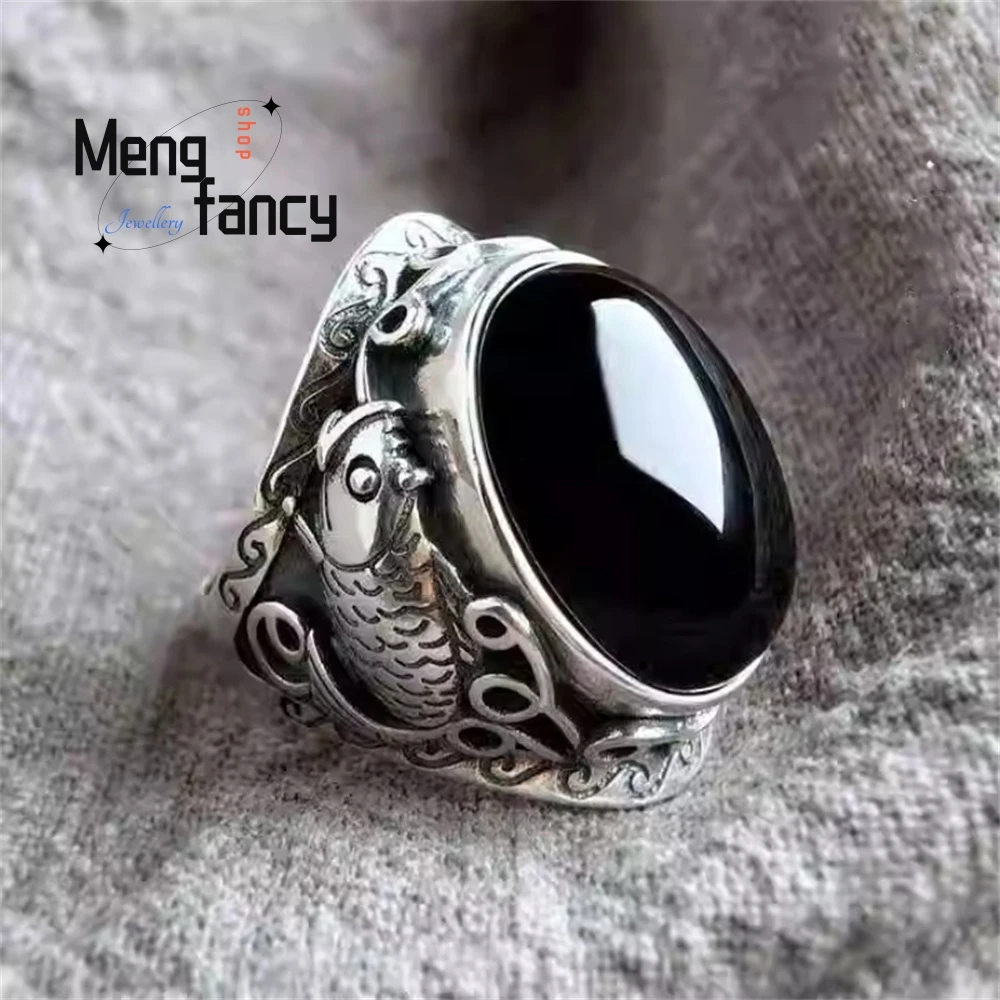 Chinese Craftsmanship Obsidian Men's Design Sense Ring Pi Xiu, Retro Black Agate Inlaid Version Fashion Jewelry Exquisite Luxury