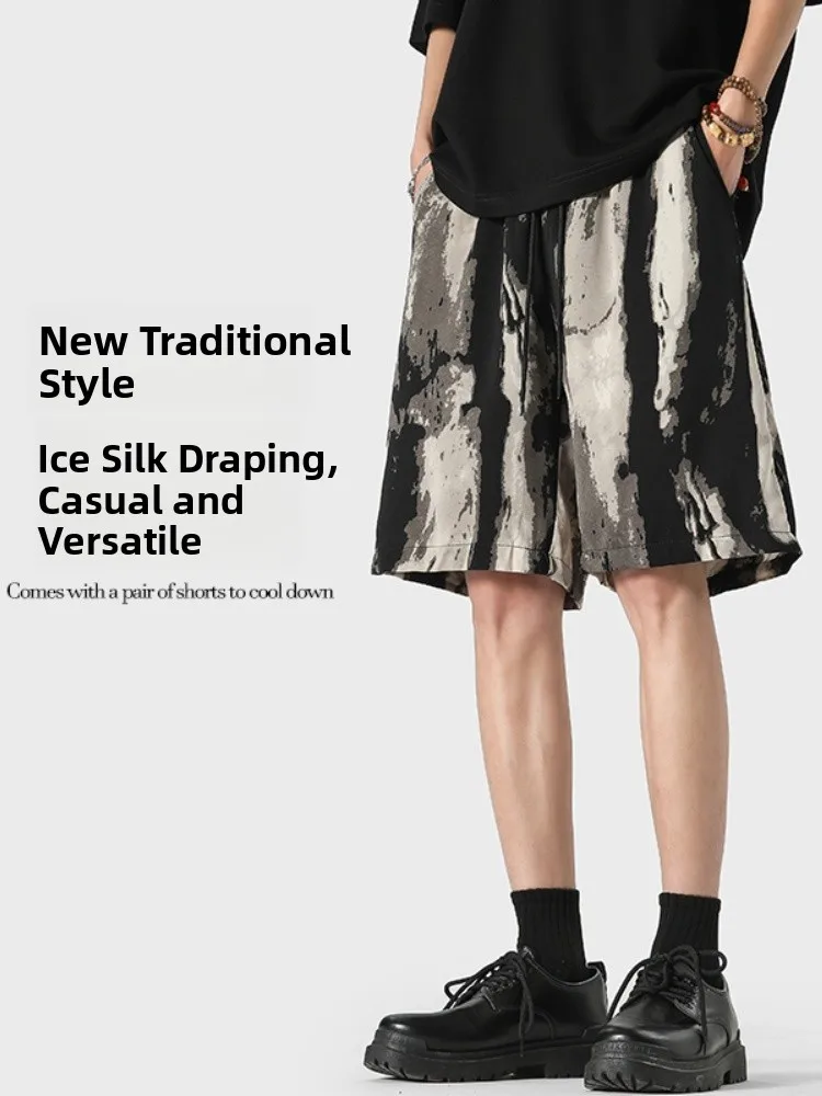 

Мужские шорты из ледяного шелка, летние, 2024, модные, свободные, быстросохнущие, пляжные, универсальные, повседневные, средней длины