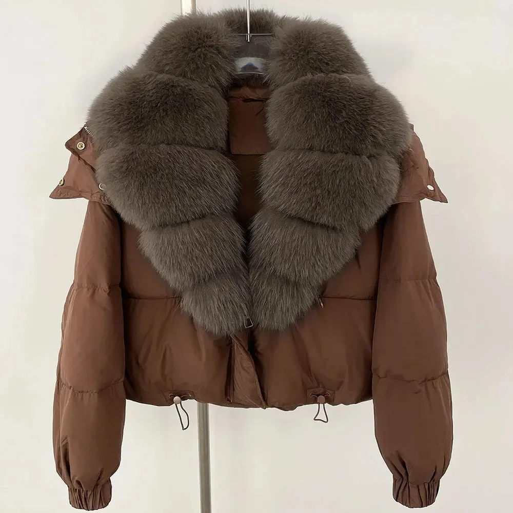 

90White Duck Big Natural Fox Fur Fluffy Puffer Coat Women 2025 New Winter Button Warm Feather Down Short Jacket Waterproof Parka