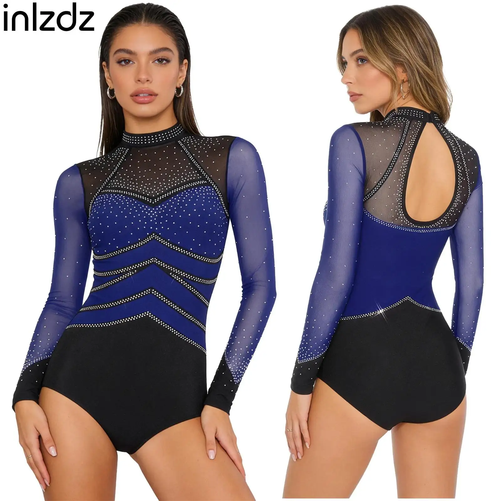 

Ballet Dance Leotards for Womens Long Sleeve Rompers Jumpsuit Gymnastic Figure Ice Skating Dancewear Rhinestone Mesh Bodysuit
