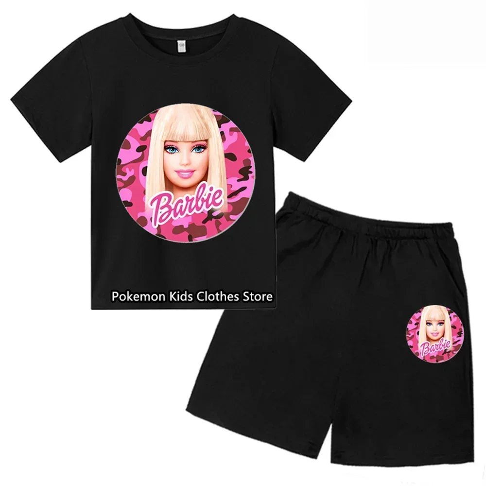 Mickey Mouse Short Sleeve Shorts Kids Barbie Fashion T-shirt Set Boys and Girls Short Sleeve Shorts Two-piece Set