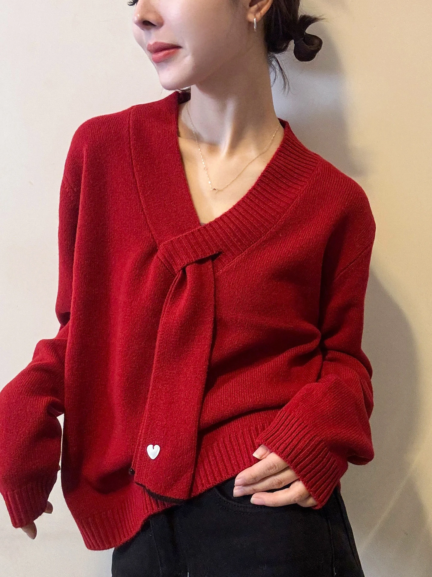 

Красный вязаный свитер с шарфом и воротником, длинный све, зимний модный женский топ, милый молодежный новогодний ансамбль, универсальный теплый