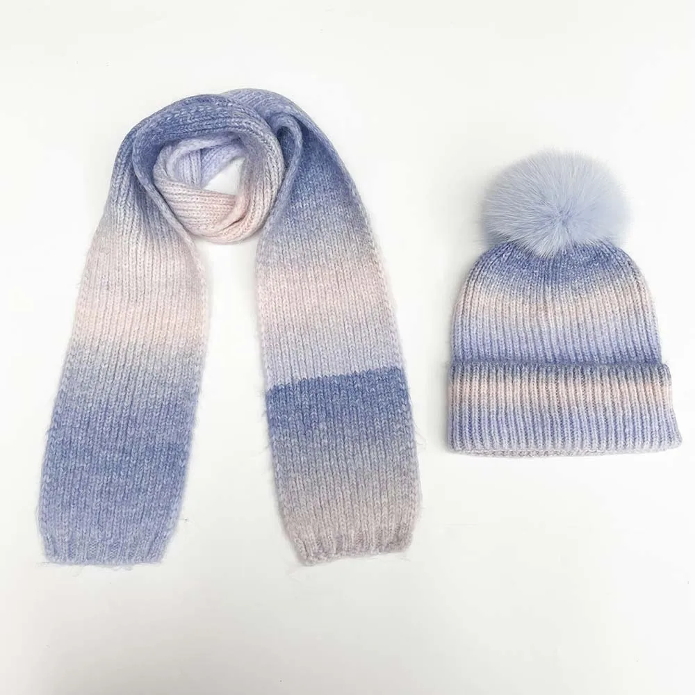

MISSJANEFUR Wool Scarf Beanie Hat Set Kid Girls Boys 2022 Fashion Gradient Warm Real Fur Pom Pom Cap Ski Winter Muffler Hats