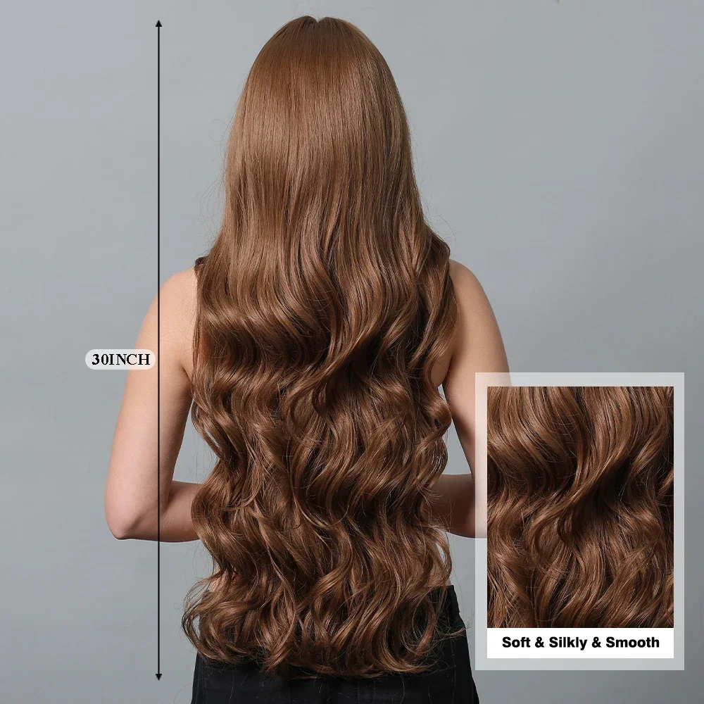 Super Long Golden Brown Wavy Synthetic Bangs for Women Daily Cosplay Party Natural Heat Resistant Hair Wig