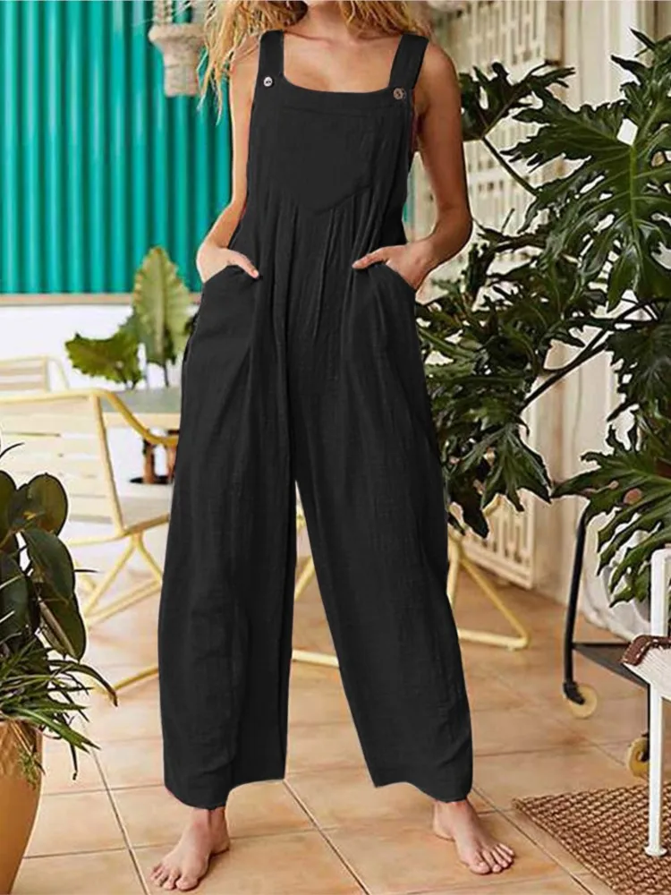 Women Summer Boho Jumpsuit Overalls Solid Ethnic Style Square Neck Sleeveless Casual Jumpsuit Pockets Loose Pants Jumpsuits 2024