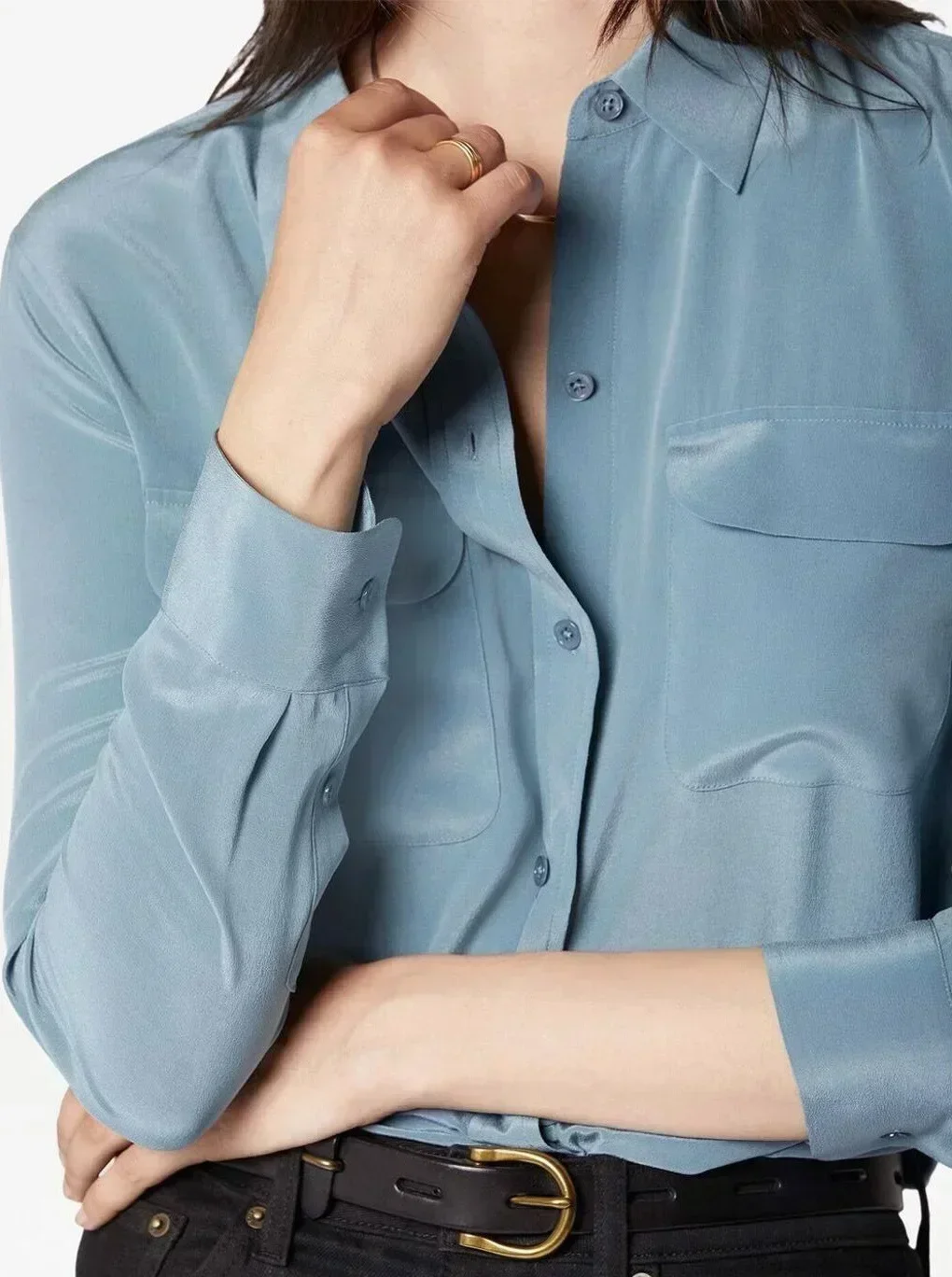 39 Colors Option Draped Sand-washed Mulberry Silk Shirt Women Blouse Classic Double-pockets Solid Color Long-sleeved Silk Shirt - Image 5