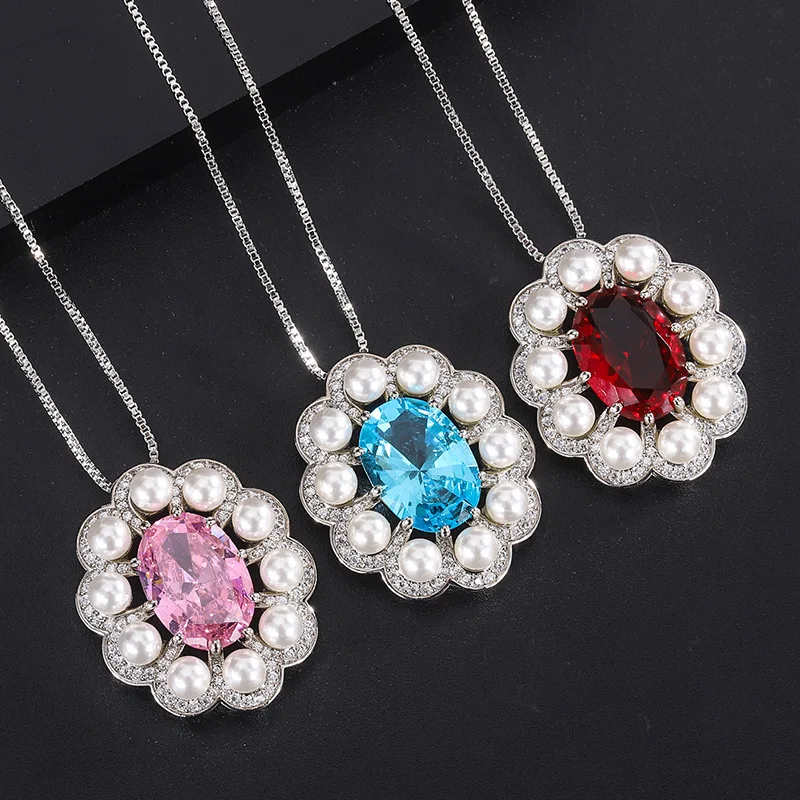 

2024 New Gemstone Sapphire Pink Pendant Necklace White Pearl For Women Luxury Quality Jewelry Vintage Friends Gift Anniversary