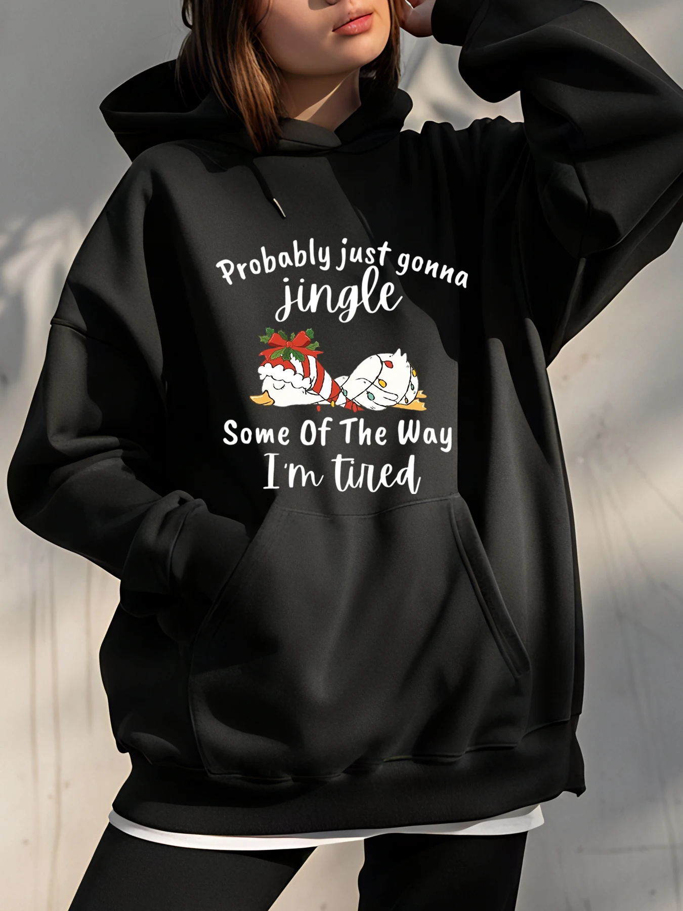 Moletom com capuz de gato de Natal com texto Jingle e design festivo para desgaste aconchegante de férias