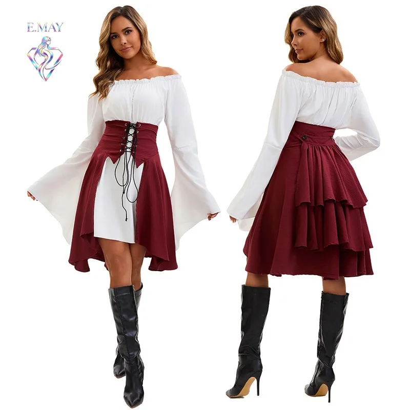 

Halloween Medieval Renaissance Long Sleeve Shirt Waist Cinched Top Pirate Shirt Women's Stage Performance Costume