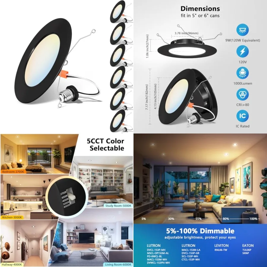 

LED Recessed Light 6 Inch, Can Lights Color Selectable 2700/3000/4000/5000/6000K 5CCT, 9W=120W, 1000LM, Dimmable Downlight with
