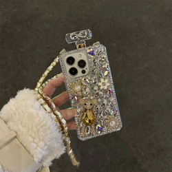 Crossbody Rhinestone Perfume Bottle Shape Phone Cover For iPhone 17 Air 16 15 14 Pro Max 13 12 11 Cute Crystal Bear Flowers Case