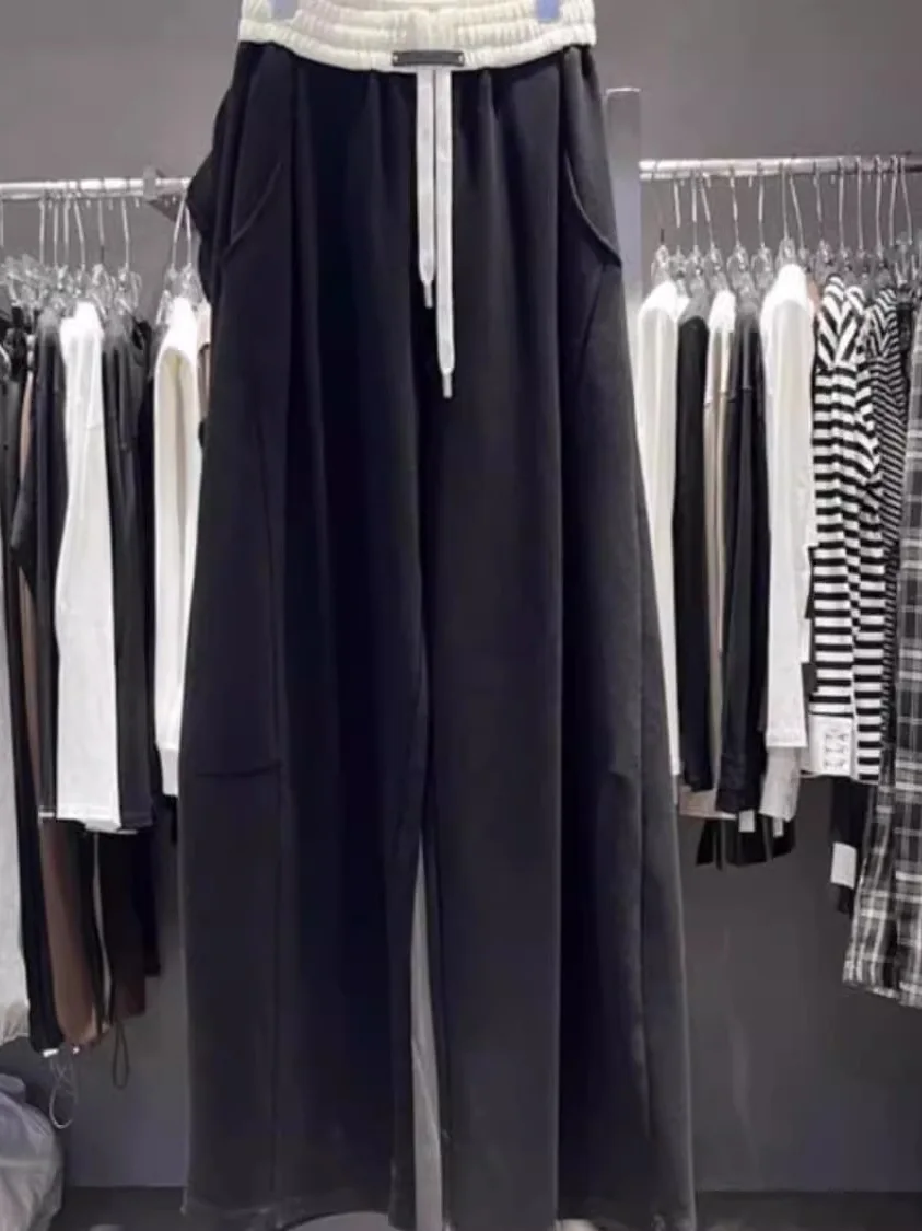 プラスサイズのワイドレッグパンツ女性用カジュアルドレープカラーブロードストリングフロアレングスパンツ春秋ルーズで快適