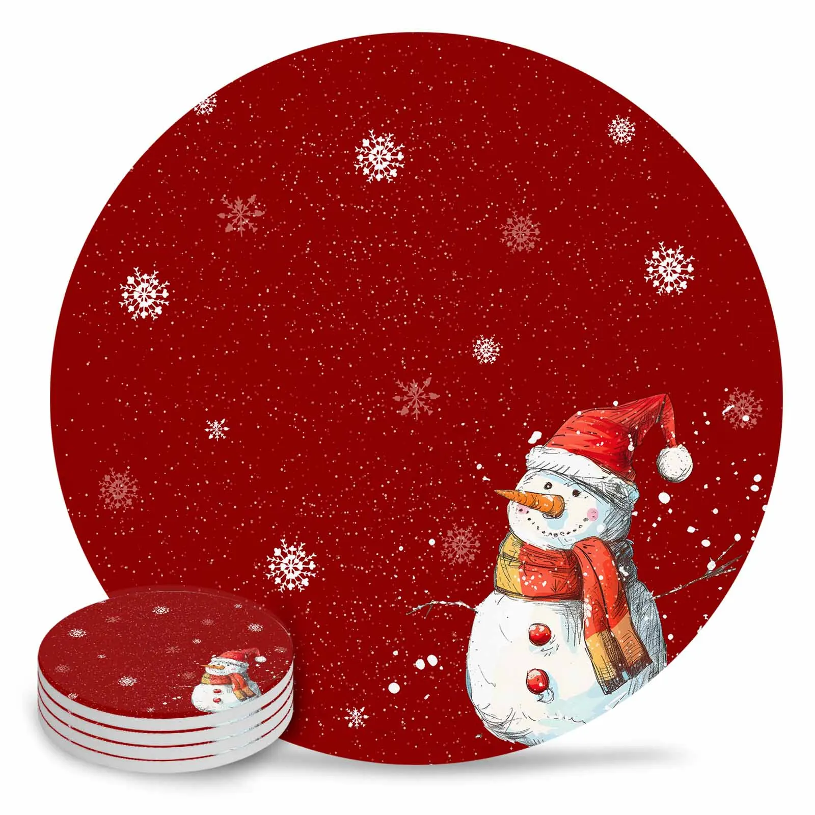 Snowflake Snowman With A Red Background Round Coaster Coffee Table Mats Kitchen Accessories Absorbent Ceramic Coasters