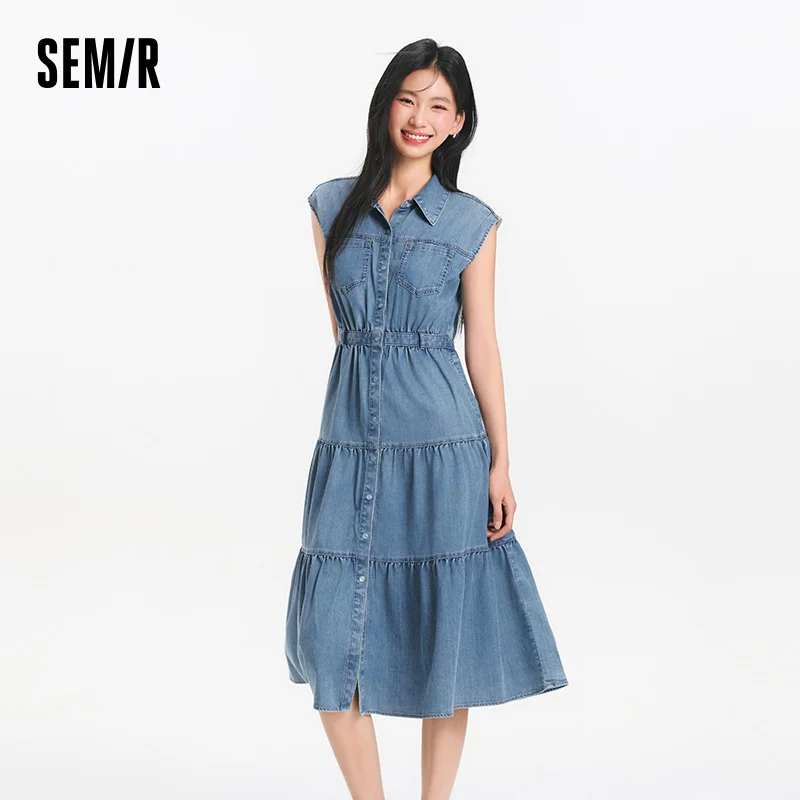

Semir Women Denim Dress 2025 Summer Ice Cool Ruffle Cake Skirt Workwear Style for Casual Day Out or Vacation Look