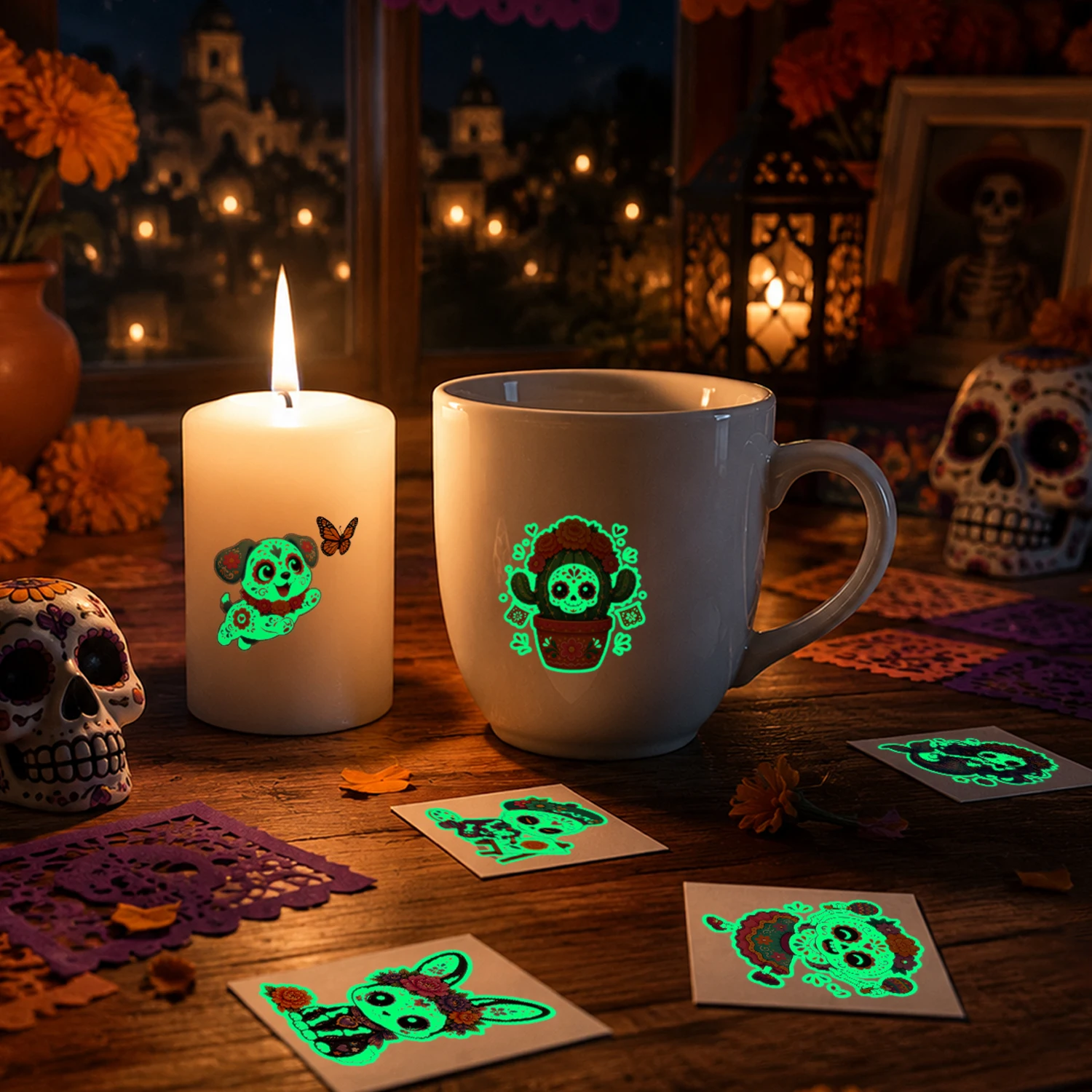 Pre Cut Day of the Dead Luminous Temporary Tattoos - 108 Pieces Glow In The Dark Tattoos Stickers ,Sugar,Skeletons,Gemstones,Red