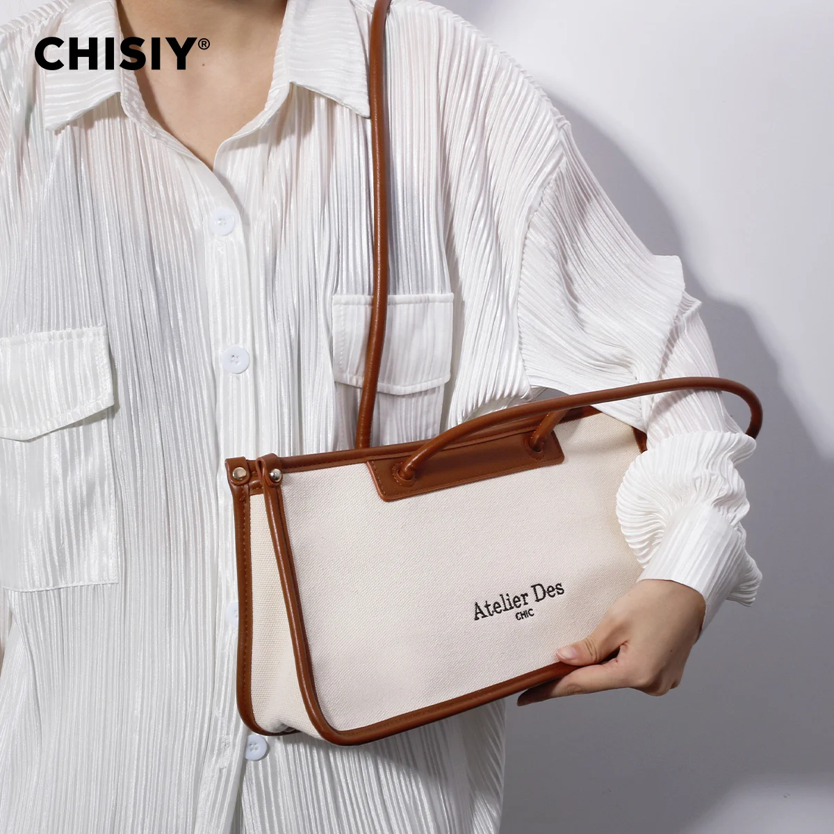 CHISIY Original Handmade Brown Corduroy Letter Detail Bag With Splice Design And Asymmetric Buckle Decoration, Large Capacity Sh