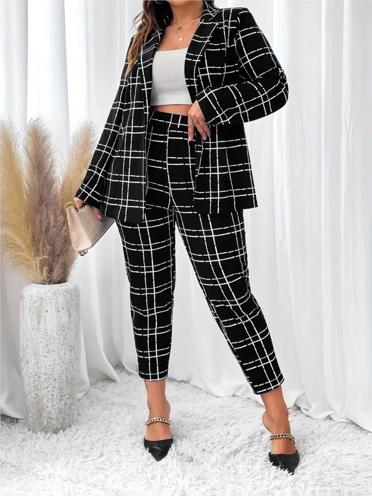 Plus Size Plaid Striped Print Autumn 2 Two Piece Set Women Fashion Casual Ladies Blazers Suits Slim Bodycon Pencil Woman Pants