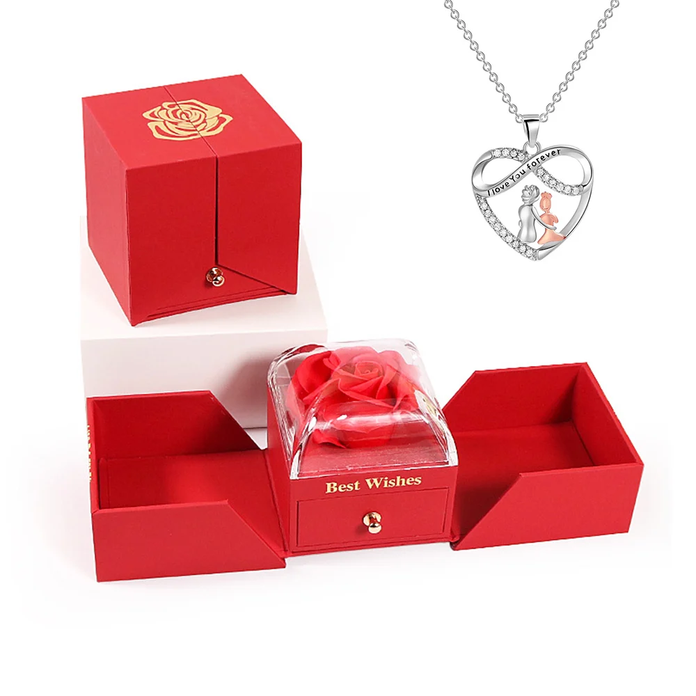 

Eternal Rose Jewelry Box Red Preserved Flower Storage Case with Necklace Forever Love Valentine Christmas Gift for Girls Women