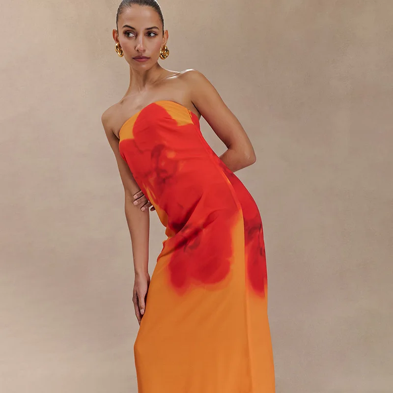 Euro-amerikanisches, trägerloses, ärmelloses, locker sitzendes Maxikleid mit offenem Rücken und Blumenmuster für Damen