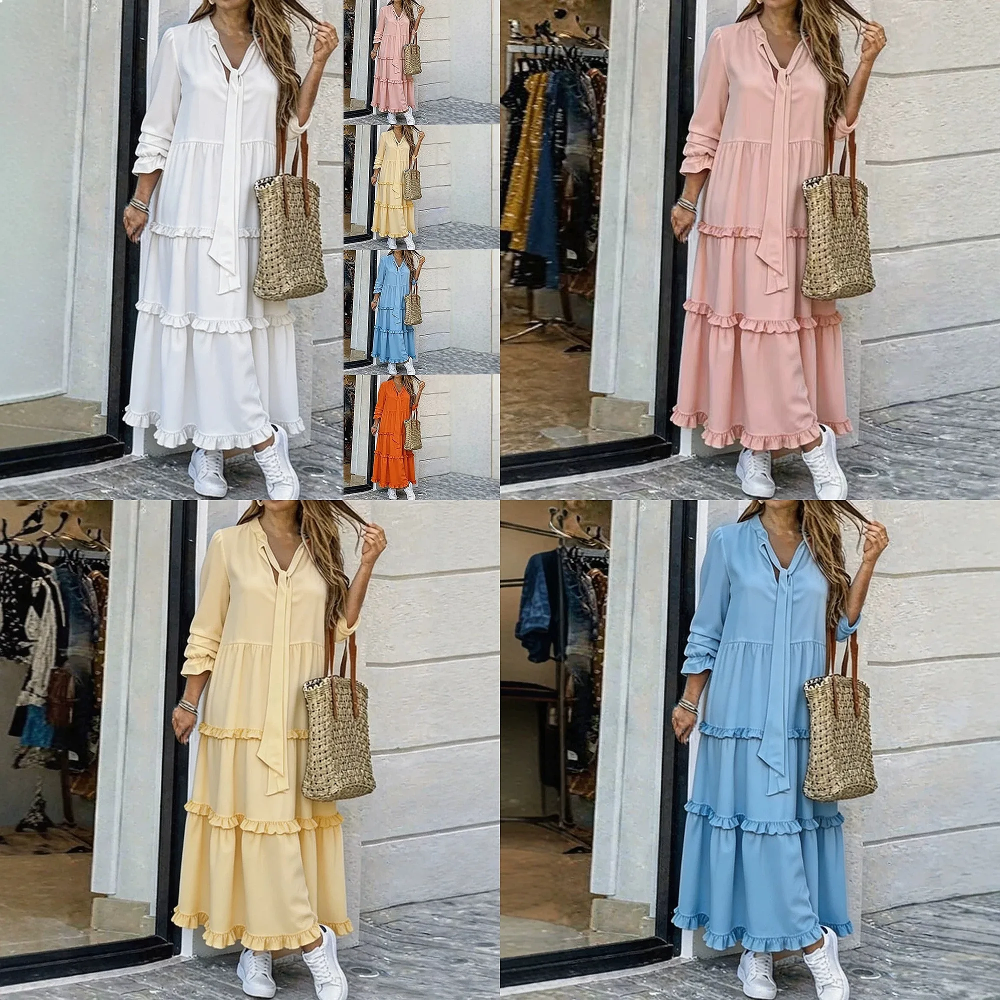Elegant V Neck Long Sleeve Solid Color Maxi Dress Women Summer Spring Dresses Flowy Casual Midi Dress