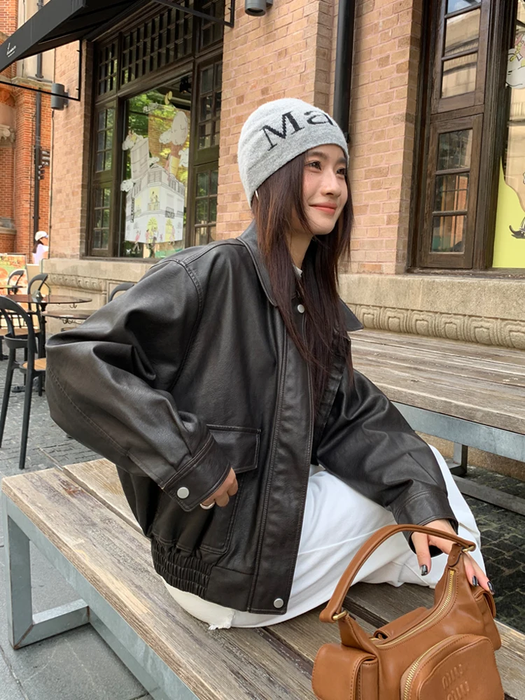 

Luu Retro Brown Leather Jaet Women's Casual Motorcycle PU Leather Coat Fall 2025 New Sle High-End Feel Commute Wind