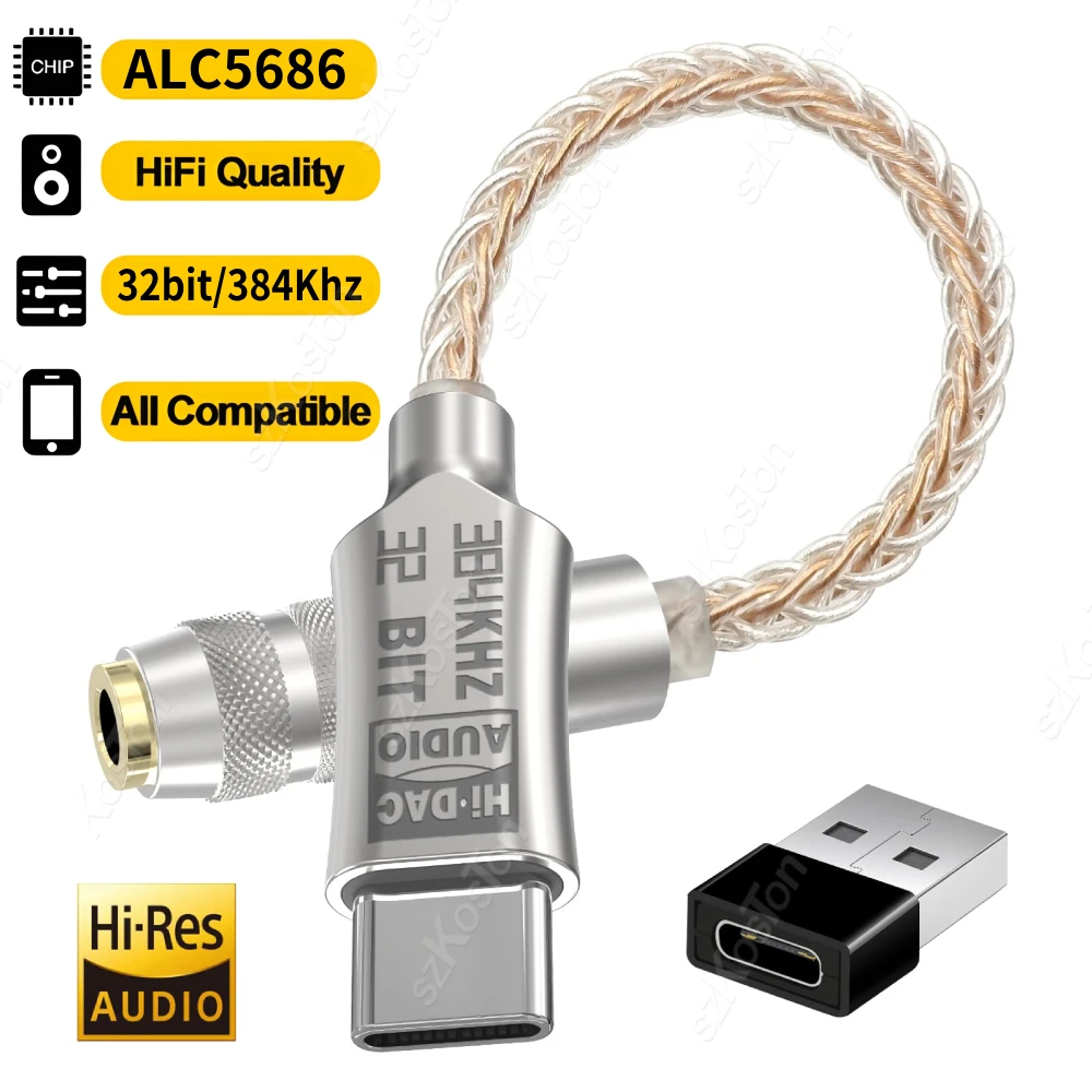 ALC5686 USB-C to 3.5mm Audio Adapter Headphone Amplifier HiFi DAC 32bit/384Khz Audio Decoder Type-C Converter for Samsung Xiaomi