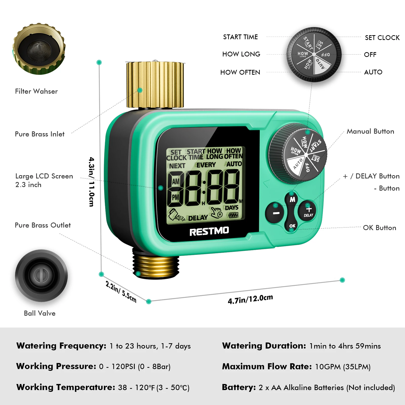 Ball Valve Water Timer with Brass Inlet & Outlet 3Modes Auto Manual Rain Delay Garden Irrigation Controller for Lawn Greenhouse