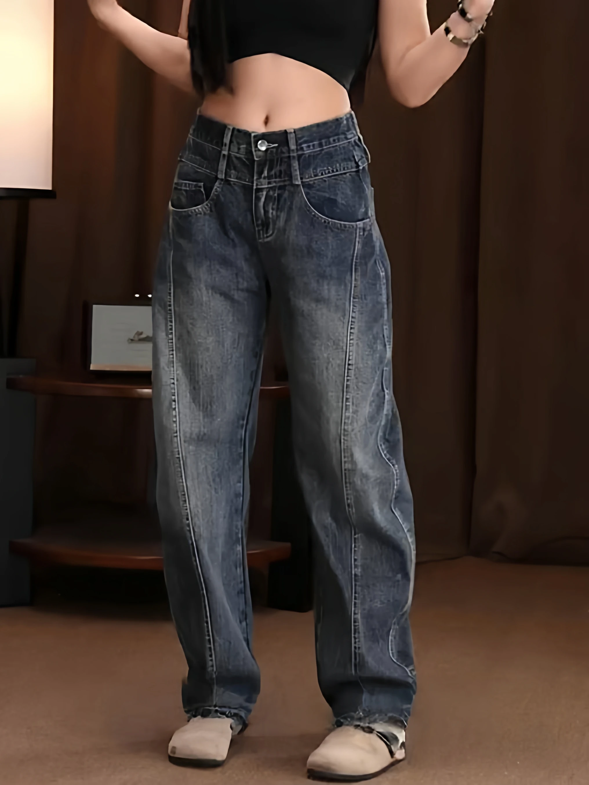 

Retro Waed Distred Elastic Blade Jeans Men's American Sle Loose Casual Straight Leg Pants Autumn Trendy Wide Leg Jeans