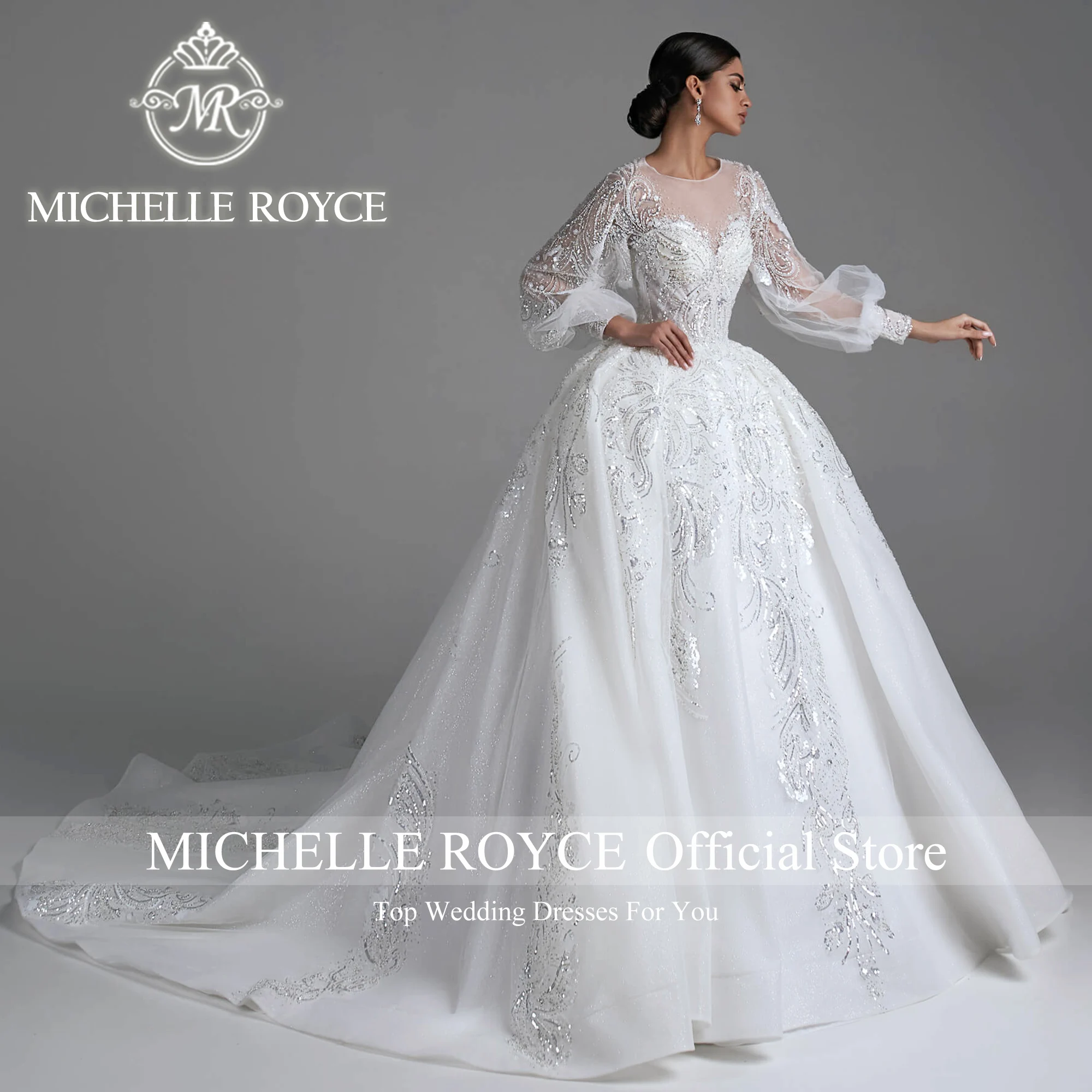 Michelle Royce Ball Gown Wedding Dresses For Woman Puff Sleeve Invisible Neckline Sequined Wedding Gown Vestidos De Novia