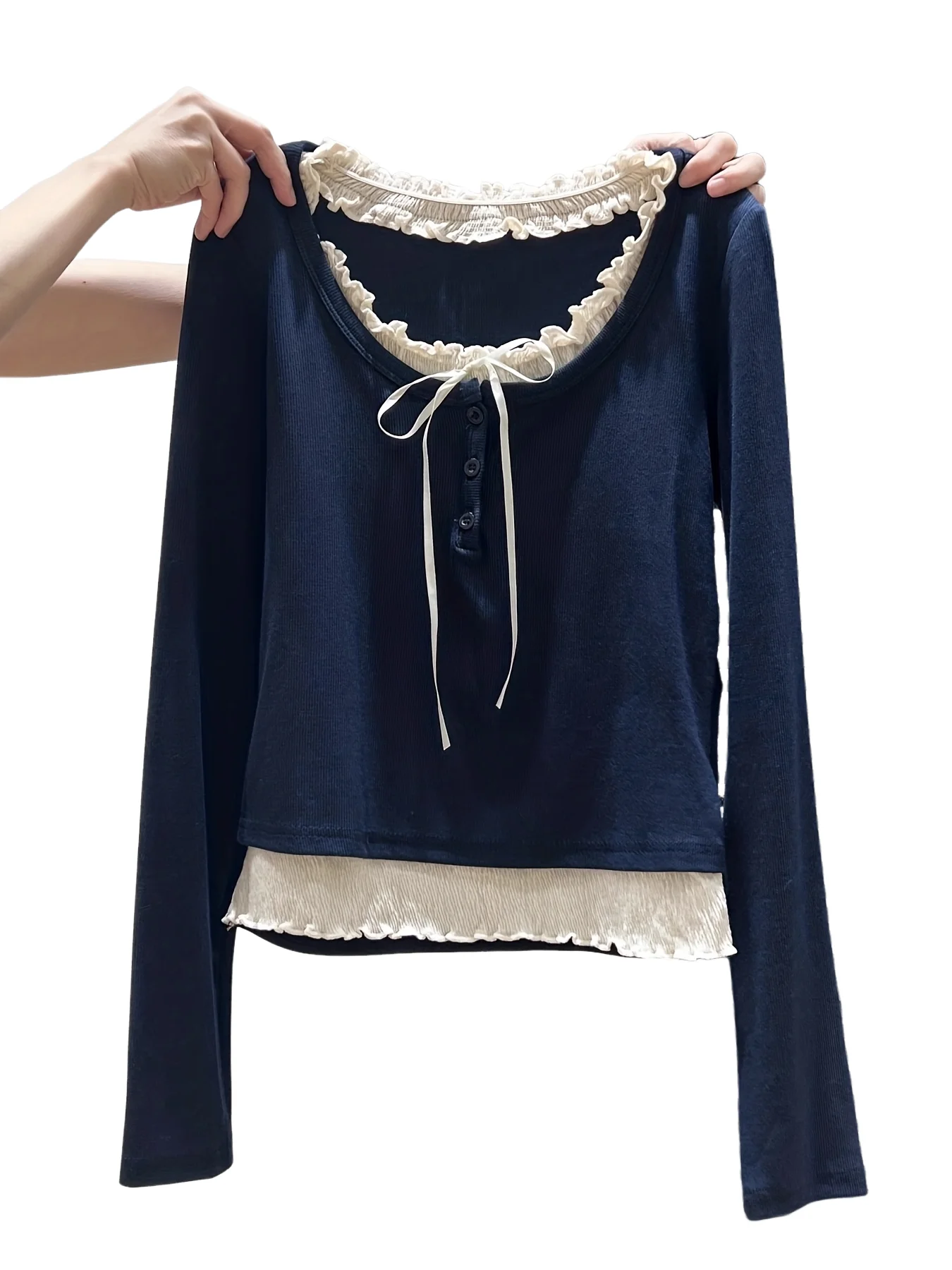 Women's Long-Sleeve T-Shirt with A Round Neck, Faux Two-Piece Design, Bow Tie, and Ruffled Hem view 2