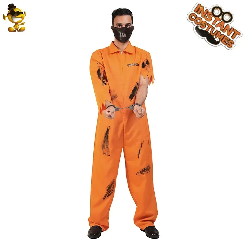 

Adult Prisoner Outfit Men Halloween Cosplay Orange Jumpsuit Stage Show Performance Wear 2024 Party Jailbird Role Play Clothes