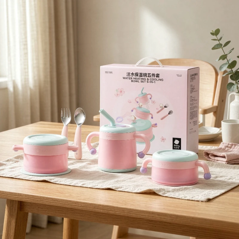 Baby Feeding Bowl Set Water Filled Warming Bowl Thick PP Shell Stainless Steel Spoon Fork Pink Gift Set for Toddlers 유아 식기 세트