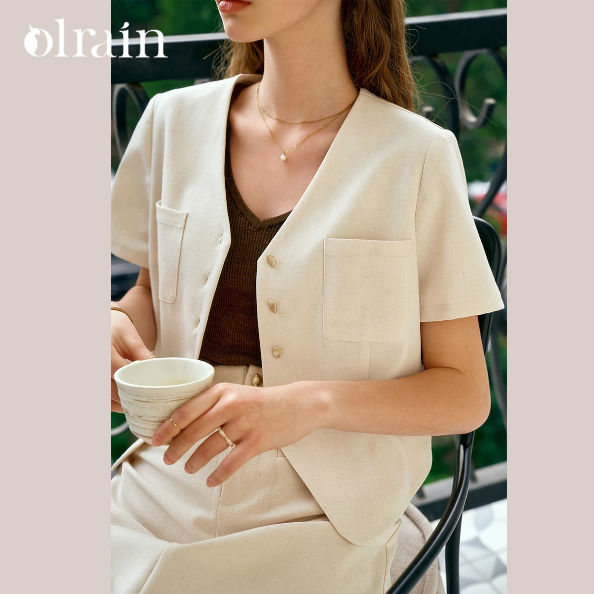

OLrain Women's Summer Cropped Jackets 2025 Elegant Oats Simple V-Neck Spliced Butto Pockets Casual Coat Clothes Woman O24XW91361
