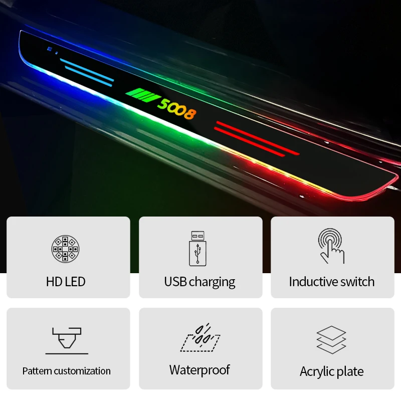 Acrylic USB Power Moving LED Welcome Pedal Car Scuff Plate Pedal Door Sill Pathway Light for Peugeot 5008 Logo Auto Accessories