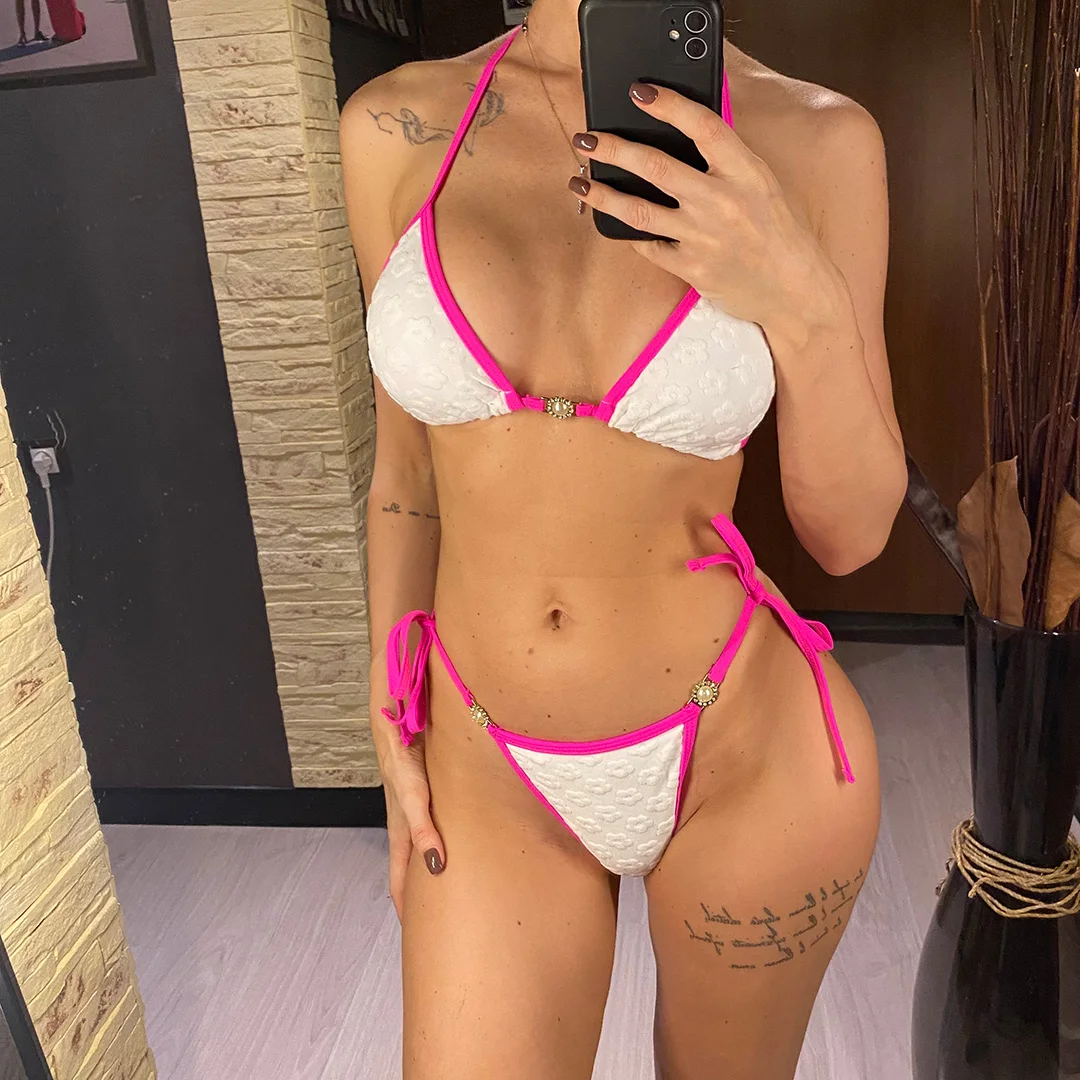 Neuer Bikini mit Perlen und Strasssteinen, halterloses Design, hoher Beinausschnitt, zweiteiliges Badeanzug-Set für Damen, Badebekleidung, Badeanzug, Badebekleidung, Modell V6381. – Detail 2