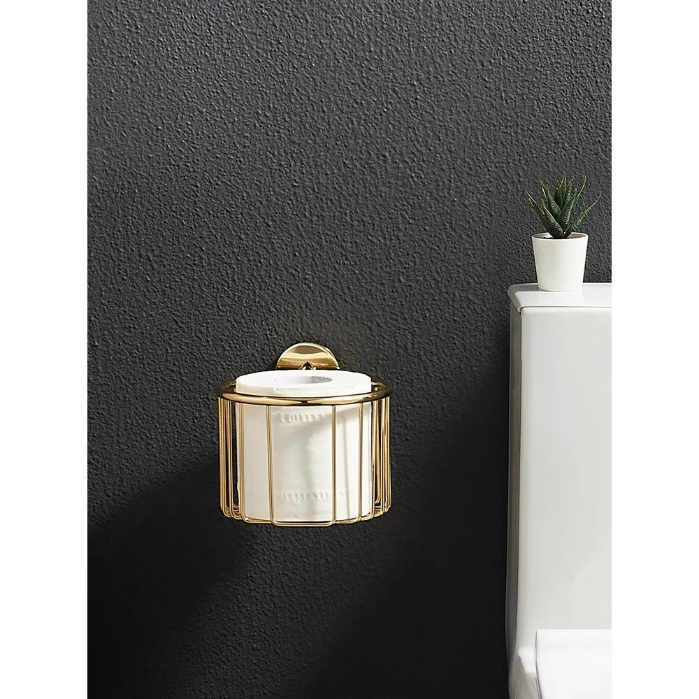 Non punching and hand wiping paper box, gold toilet wall mounted all copper paper basket, roll paper rack, toilet Nordic tissue