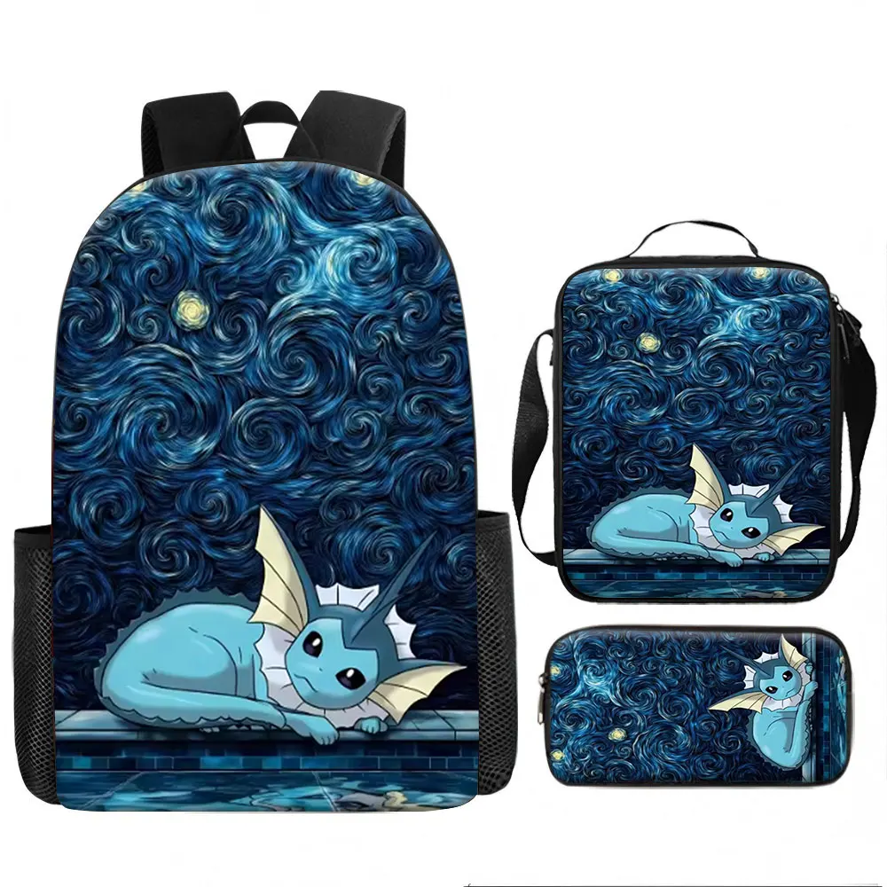 Kids Bag,Pokémon,Vaporeon 3pcs Backpack Set Starry Sky Oil Painting Canvas Print Breathable Travel Bag with Lunch Box Pencil