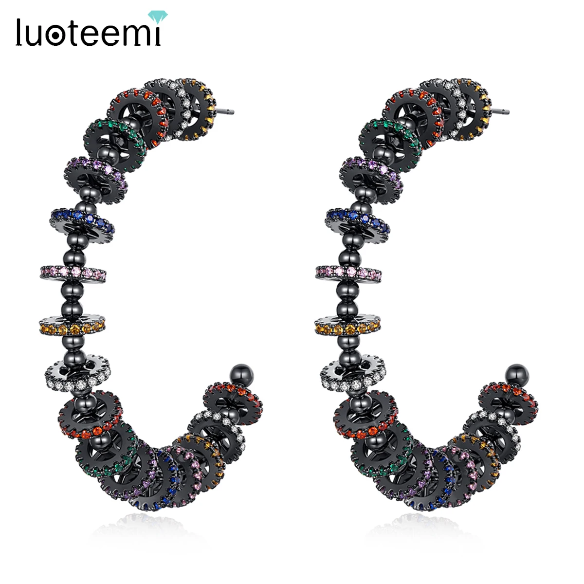 

LUOTEEMI Punk Big Black Rainbow Cubic Zirconia Circle Hoop Earrings for Women Multiple Beads Gothic Sexy Girl Party Accessories