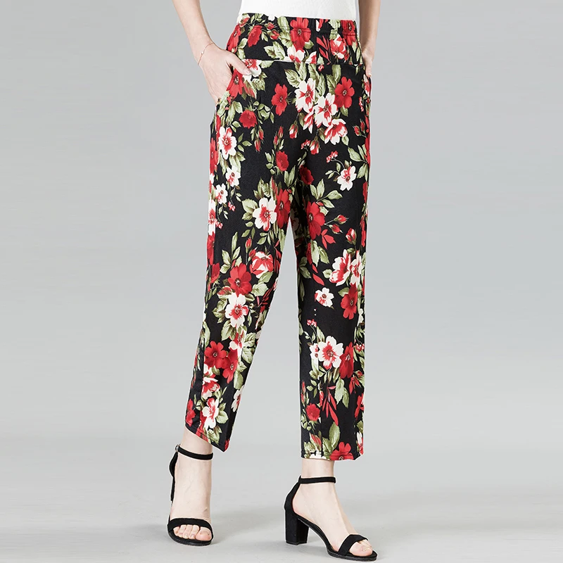 جديد سراويلي حريمي XL-8XL الصيف النساء عادية عالية الخصر السراويل المطبوعة مرونة الخصر منتصف العمر النساء السراويل الصيف قيعان